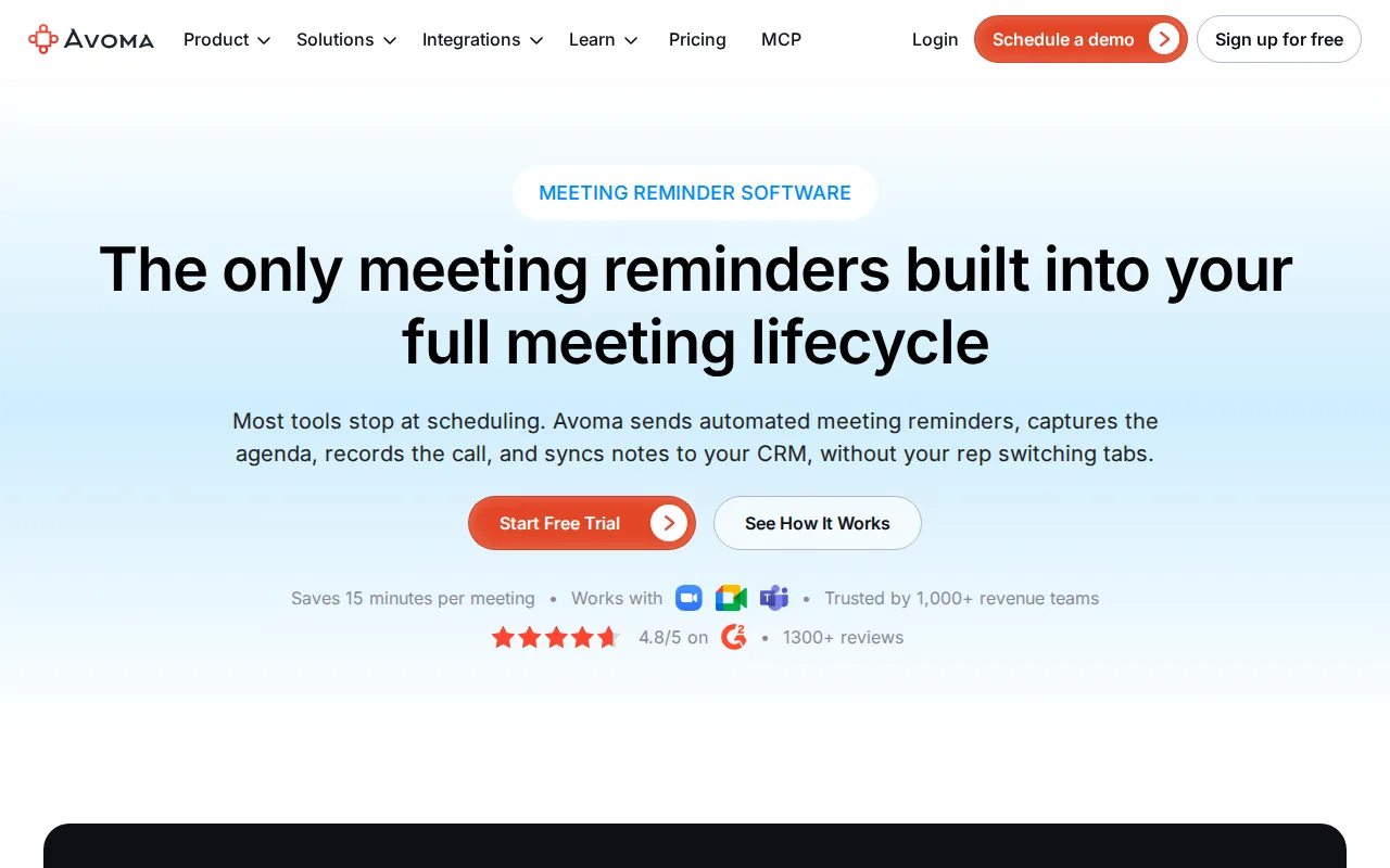 Screenshot of the Avoma: Scheduling website