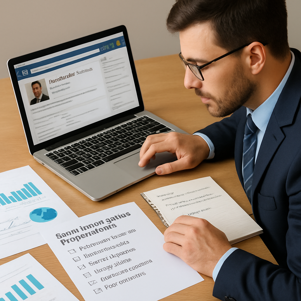 A professional sales executive reviewing a prospect’s LinkedIn profile on a laptop, surrounded by charts and notes. Alt: Sales negotiation preparation checklist visual guide.