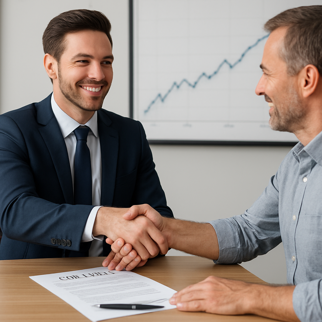 A confident sales professional shaking hands with a satisfied client over a contract, with a subtle graph showing increased value in the background. Alt: Closing a deal with value in sales negotiation