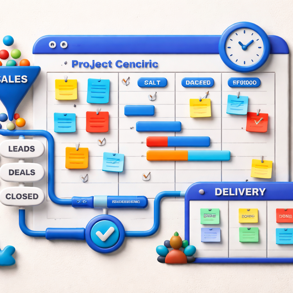 A claymation style illustration of a project timeline with sticky notes, gantt bars, and a sales pipeline icon connecting to a delivery board. Alt: project‑centric sales pipeline software visual