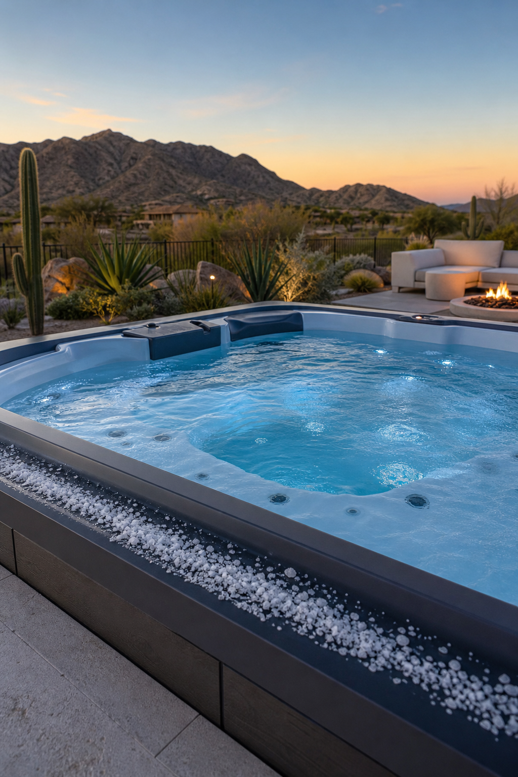 A modern luxury hot tub in a desert backyard setting, with clear blue water and a subtle hint of salt crystals near the edge. Alt: salt water hot tub in a luxury backyard.