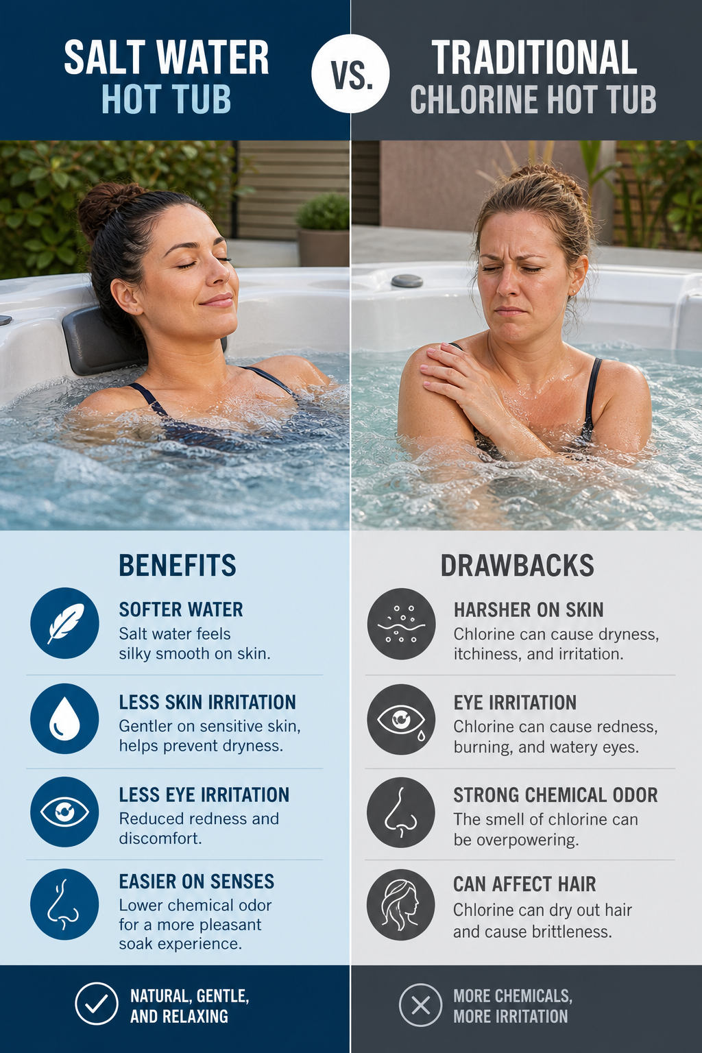 A side-by-side comparison illustration showing a person in a salt water hot tub with a relaxed expression versus a person in a traditional chlorine tub with a frown, with labels highlighting softer water and less irritation. Alt: comparison of salt water hot tub vs traditional chlorine hot tub benefits.
