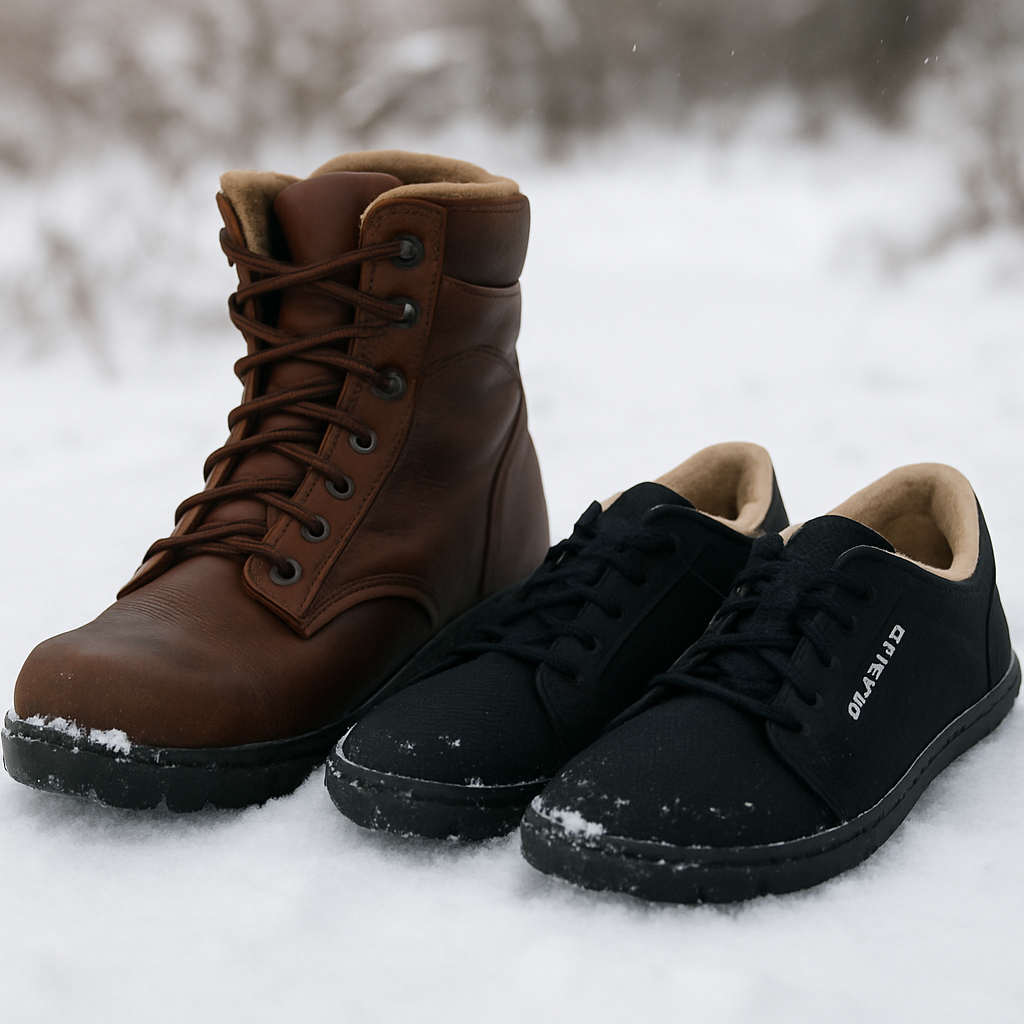 Två par vinterskor sida vid sida i snö – ett par robusta läderkängor och ett par smidiga, breda barefoot-skor. Alt: saltic outdoor winter samelin och barefoot modeller i vintermiljö