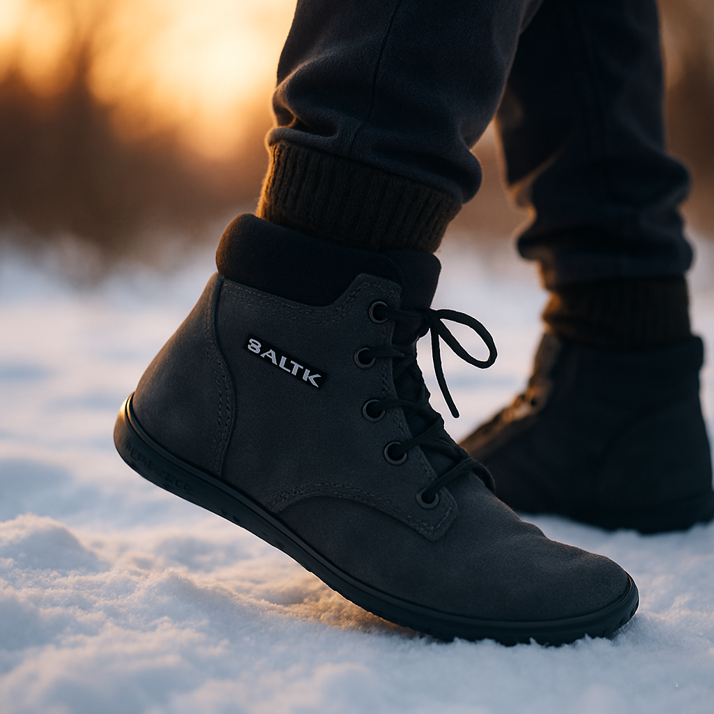 En närbild på en person som går i Saltic barefoot vinterskor över snötäckt mark med kvällsljus, visar på naturlig fotrörelse och termisk komfort. Alt: Saltic outdoor winter barefoot skor på snö – naturlig fotupplevelse i vintermiljö