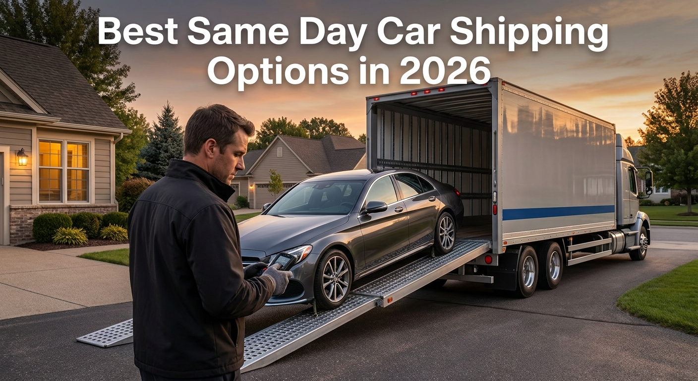 A photorealistic scene of a professional car transport driver carefully loading a sleek sedan onto an open carrier truck in a residential driveway at golden hour, with a suburban neighborhood in the background. The truck is clean and modern, with a color accent in deep blue (#4981CA). Alt: Same day car shipping pickup at residential address with open carrier truck.