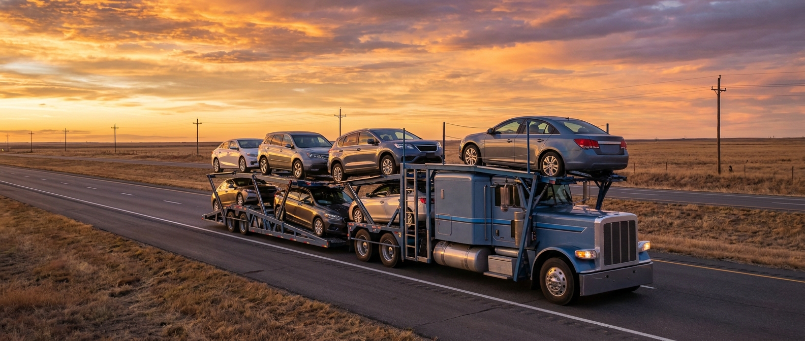 A wide-angle photorealistic photo of a large open car transport truck loaded with multiple vehicles traveling on an American interstate highway at sunrise, surrounded by flat plains and a dramatic sky with warm orange light. Alt: Expedited open carrier truck transporting multiple vehicles on US highway for same day car shipping.