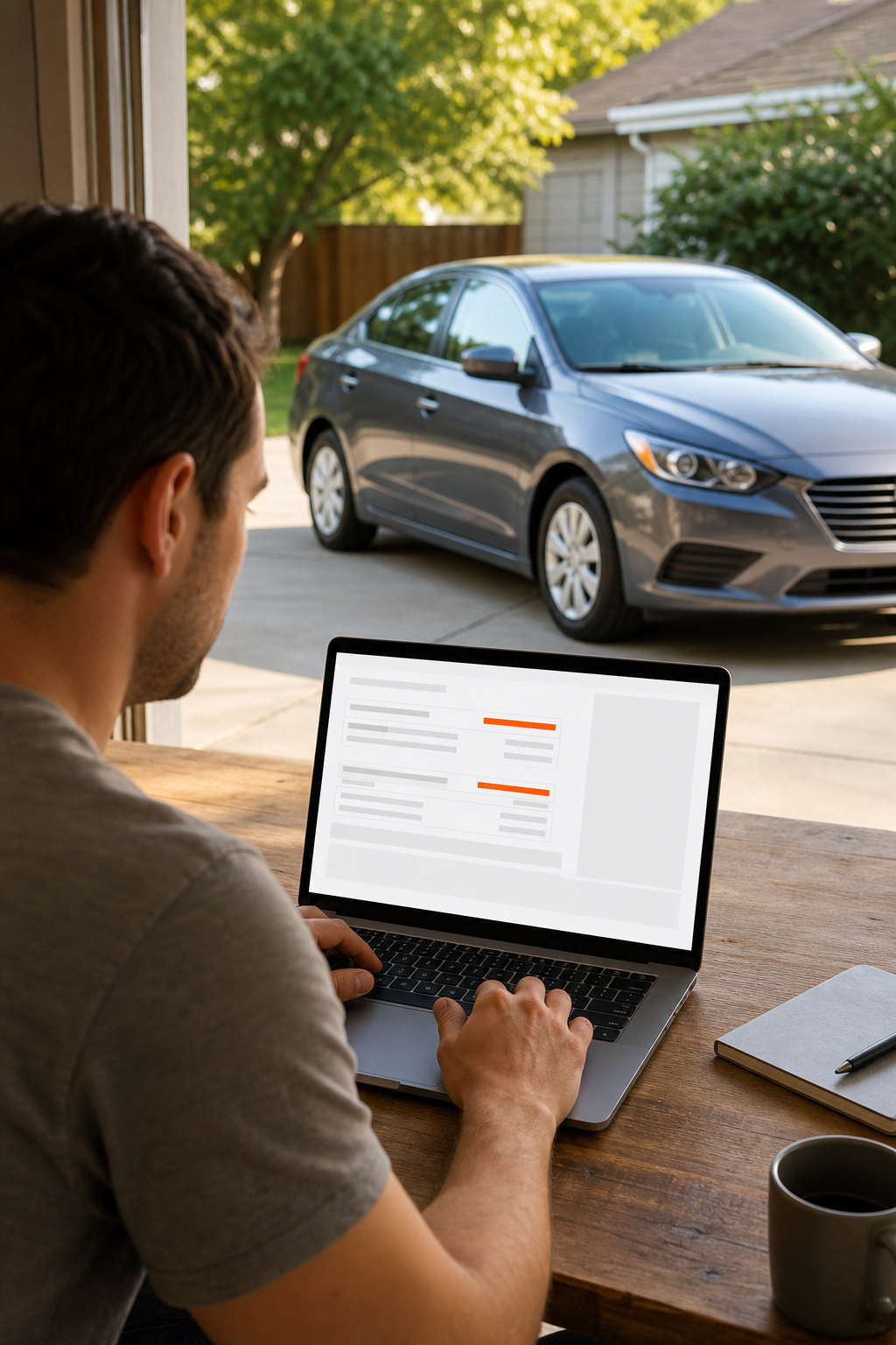 A photorealistic scene of a person reviewing a car title loan estimate on a laptop, with a car parked nearby, sunny driveway. Alt: 
