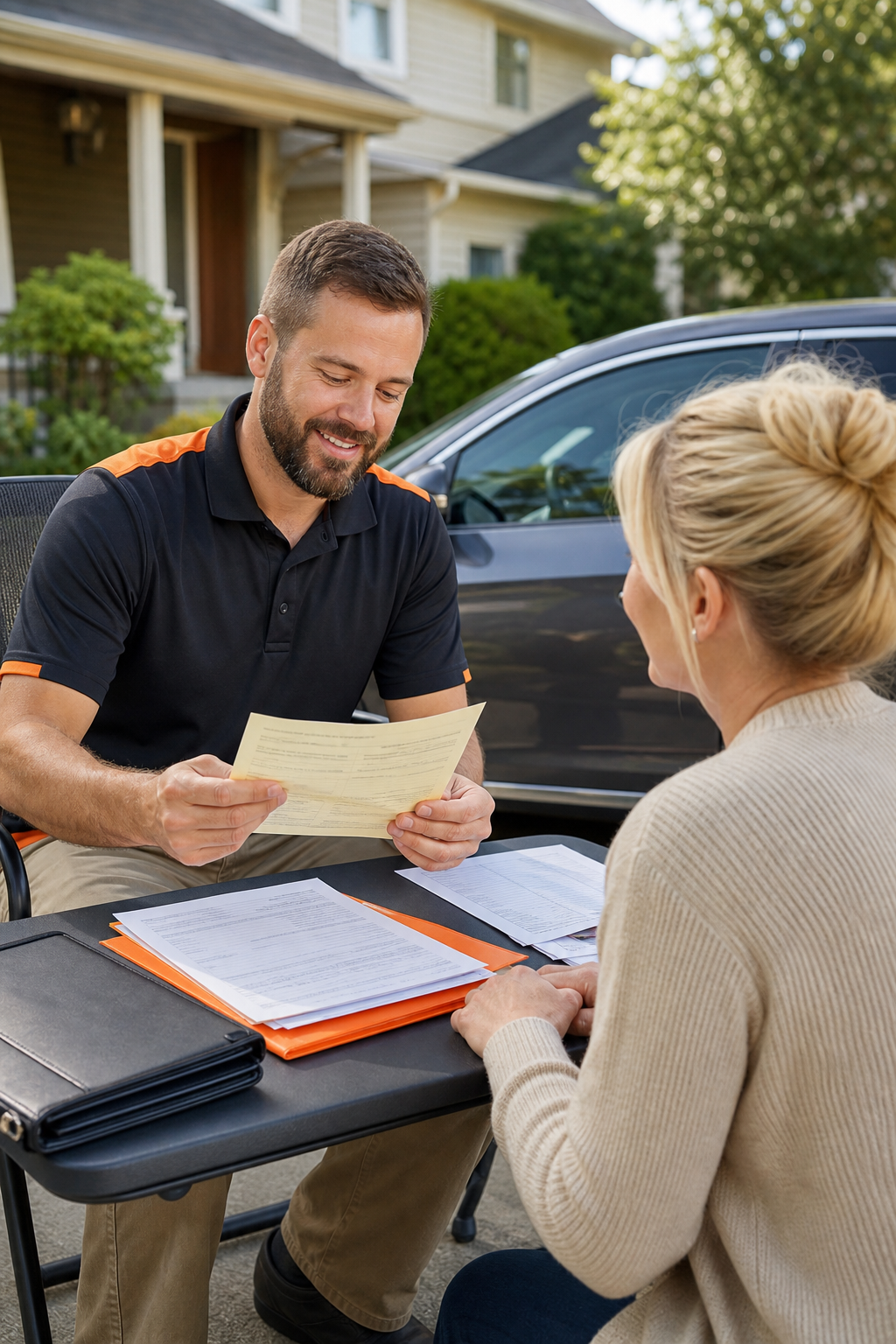A photorealistic illustration of a friendly loan officer inspecting a car’s title at a customer’s driveway, with paperwork spread on a table. Alt: 
