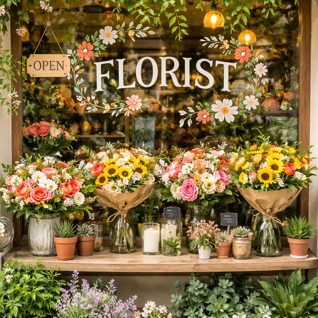 A realistic scene of a local florist shop window in Hollywood, Florida, displaying vibrant bouquets. Alt: Hollywood FL florist shop window with fresh bouquets
