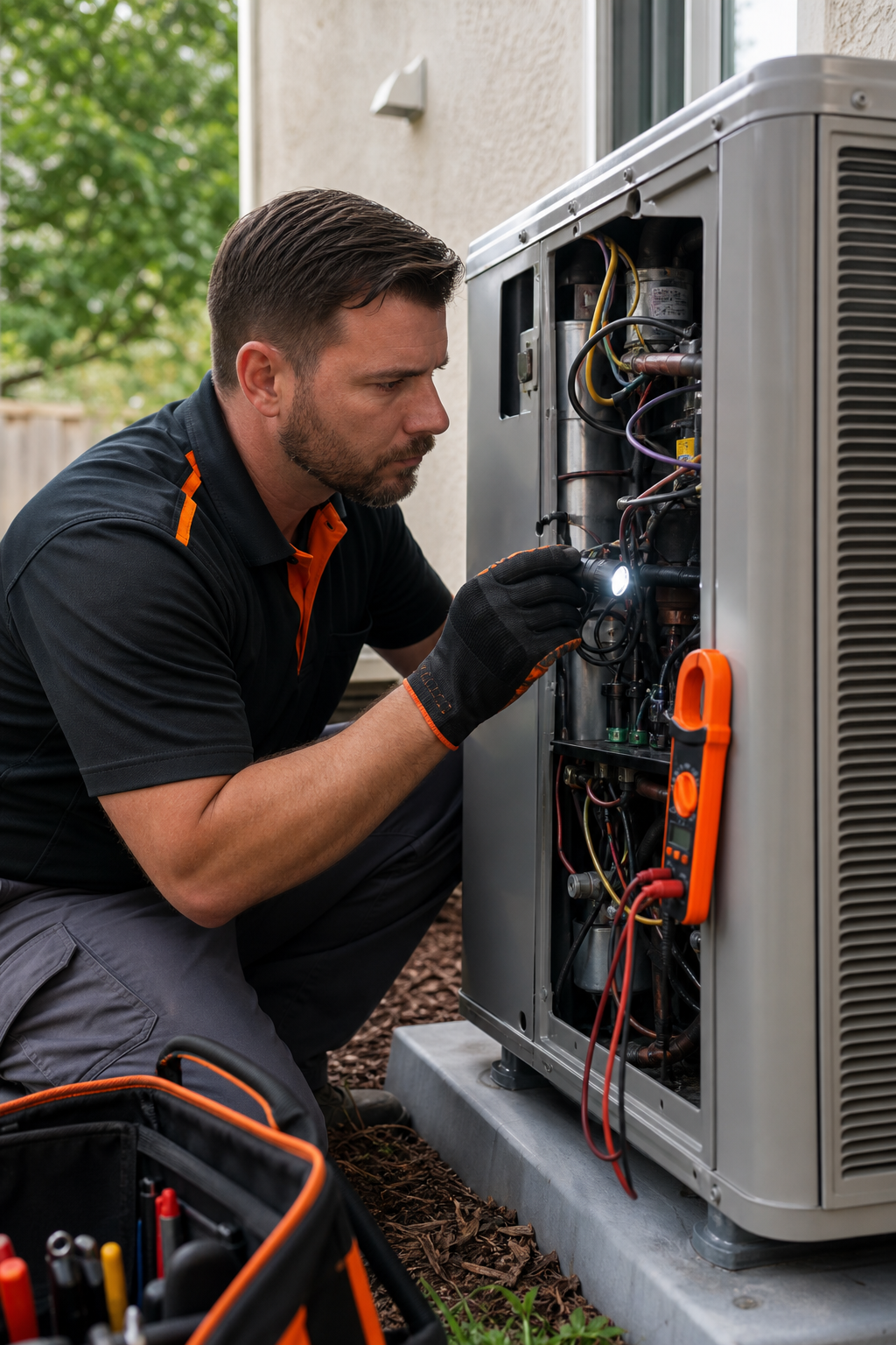 A photorealistic image of a technician inside a home inspecting an air conditioning unit with a flashlight, focused and professional. Alt: HVAC technician performing same-day repair on an AC unit in Roseville CA