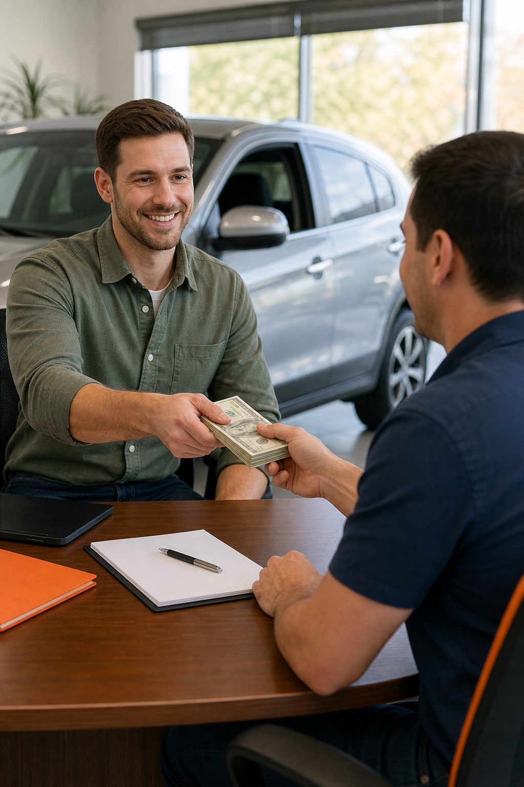 A photorealistic scene of a friendly loan officer handing cash to a car owner, with a vehicle in the background. Alt: EZ Car Title Loans same day cash