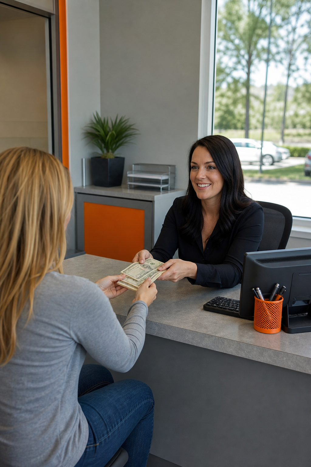 A photorealistic illustration of a high‑street title‑loan storefront with a customer receiving cash. Alt: High‑cost title loan store same day cash
