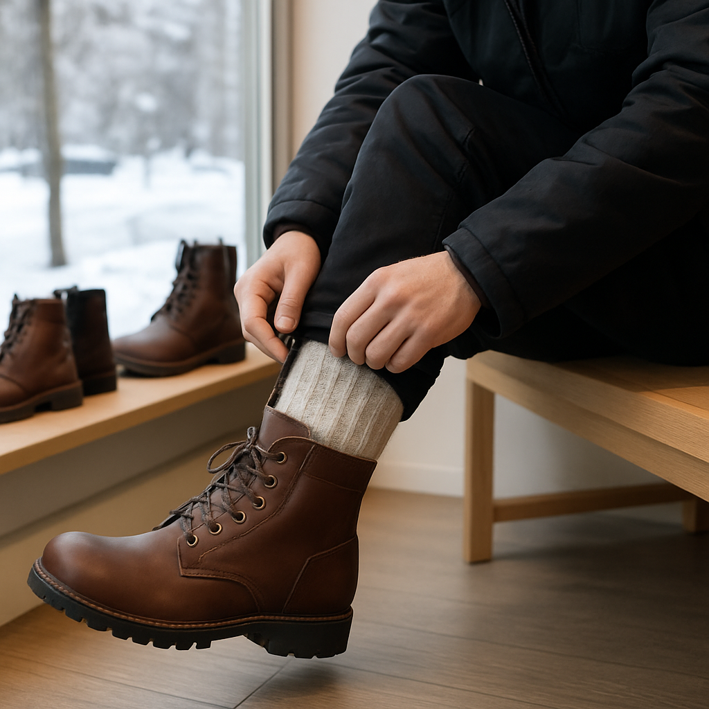 En person i vinterkläder som provar Samelin kängor i en butik, med tydlig fokus på foten i kängan och tjocka ullsockor, snö utanför fönstret. Alt: prova kängor i butik steg‑för‑steg guide.