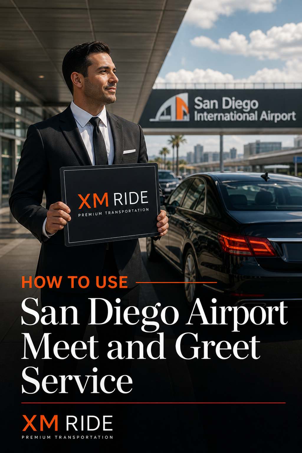 A professional chauffeur in a suit holding a name sign at the arrivals curb of San Diego International Airport, with a luxury black sedan in the background. Alt: San Diego airport meet and greet service with chauffeur at curb
