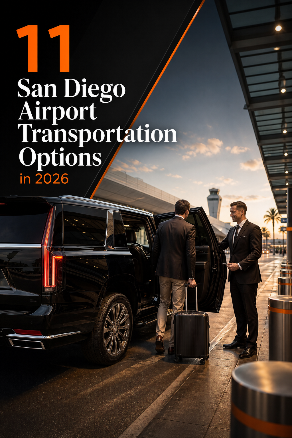 A luxury black SUV parked at San Diego Airport curbside, with a chauffeur in a suit holding the door open for a traveler. Cinematic style. Alt: Luxury private car service at San Diego Airport with chauffeur greeting passenger.
