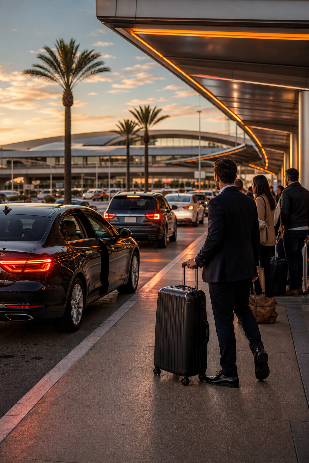 A busy rideshare pickup zone at San Diego Airport with multiple app-based cars and passengers with luggage. Cinematic style. Alt: Rideshare pickup area at San Diego Airport with travelers waiting.