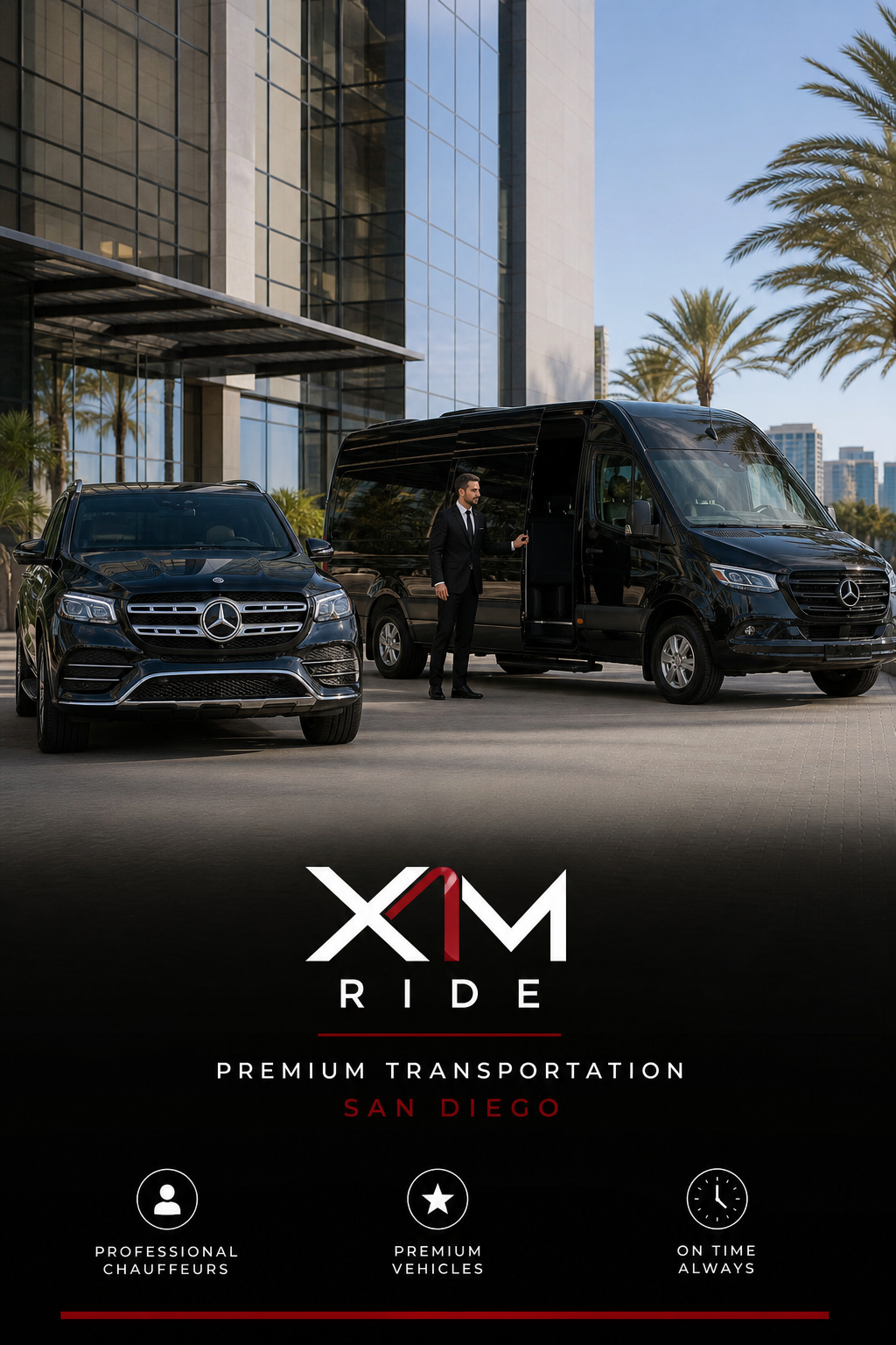 A photorealistic image of a sleek black Mercedes Sprinter van parked in front of a modern office building in San Diego, with a well-dressed chauffeur holding the door open. Alt: Luxury SUV and Sprinter van San Diego limo service
