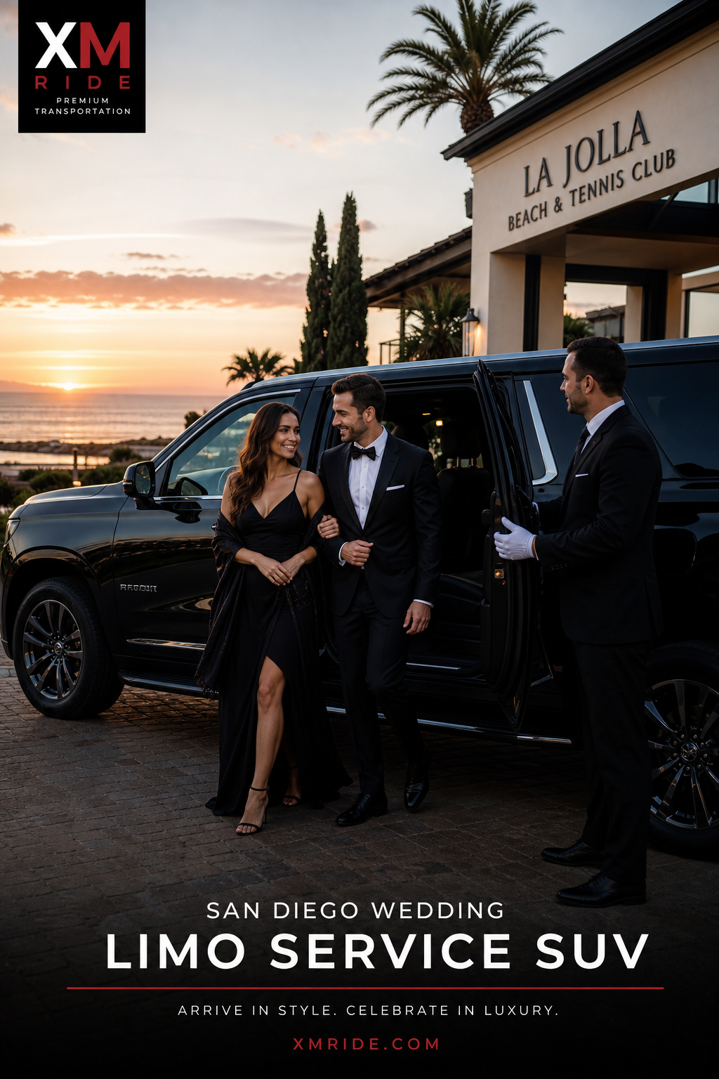 A couple in formal attire stepping out of a black luxury SUV in front of a San Diego beach venue at sunset, with a chauffeur holding the door. Alt: San Diego wedding limo service SUV