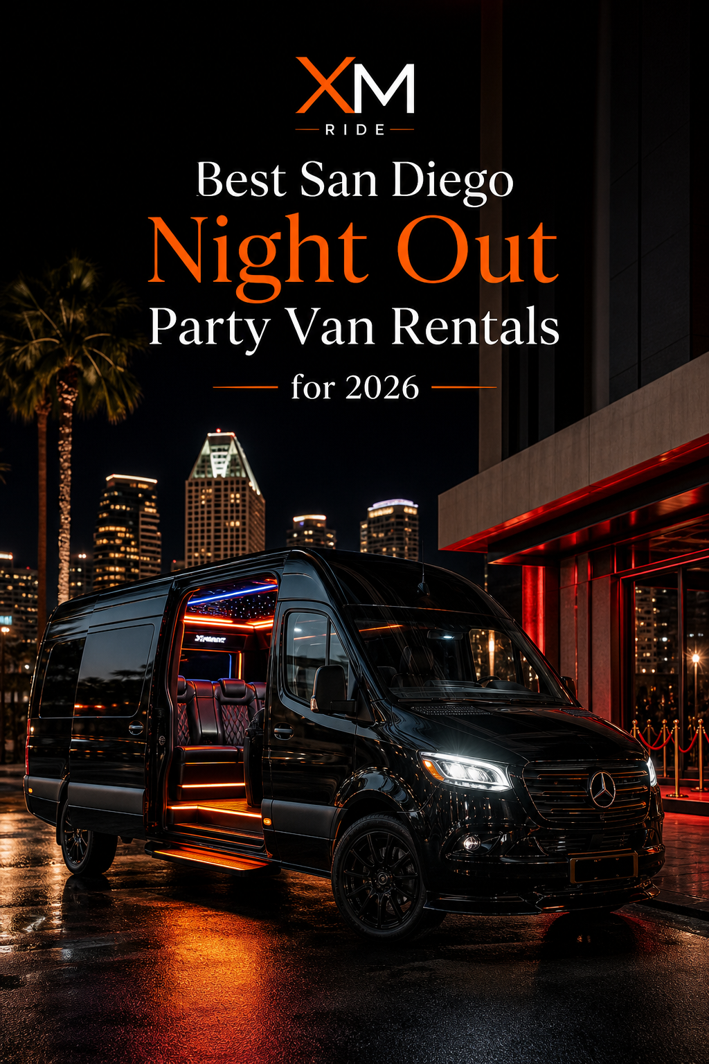 A cinematic shot of a sleek Mercedes Sprinter van with its doors open, revealing a luxurious interior with leather seats and neon lighting, parked outside a vibrant San Diego nightclub. Alt: Luxury Mercedes Sprinter party van from XM Ride for San Diego night out.