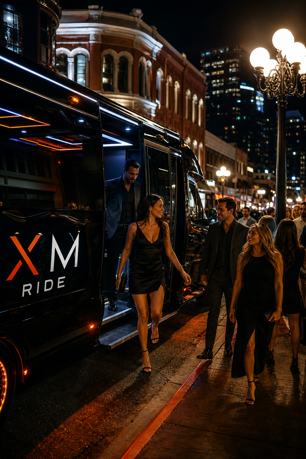 A cinematic night shot of a party bus with vibrant LED lights pulling up to a busy Gaslamp Quarter street, with people exiting. Alt: Party bus rental in San Diego Gaslamp Quarter for night out.