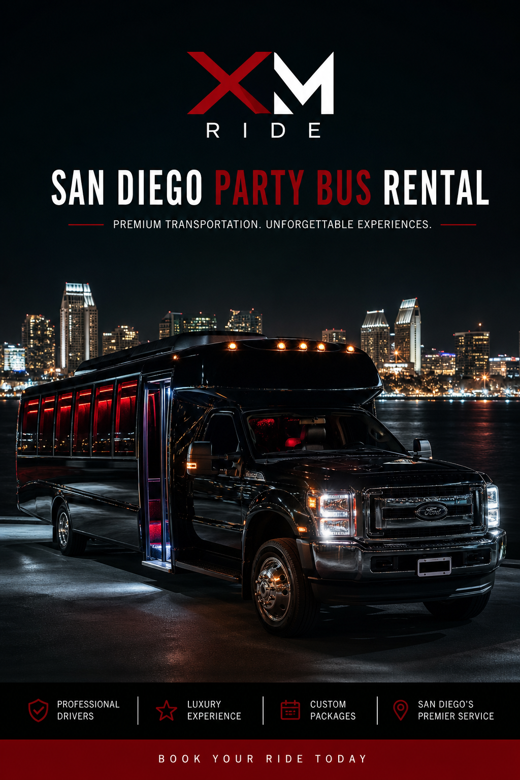 A photorealistic image related to san-diego-party-bus-rental. Alt: san-diego-party-bus-rental