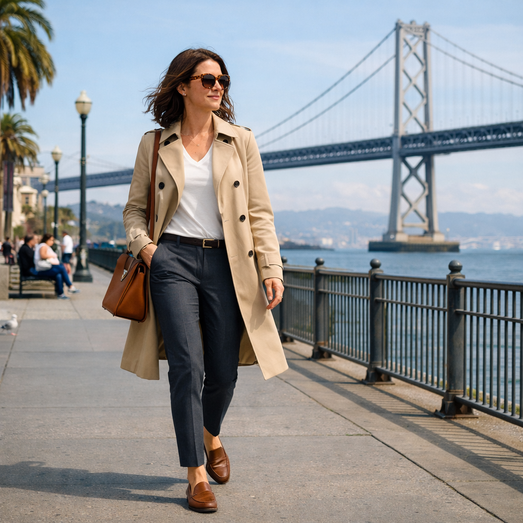 A photorealistic scene of a woman walking the Embarcadero in a light tan trench coat, charcoal slim‑fit trousers, and leather loafers, with the Bay Bridge in the background. Alt: stylish spring outfit for the waterfront in San Francisco