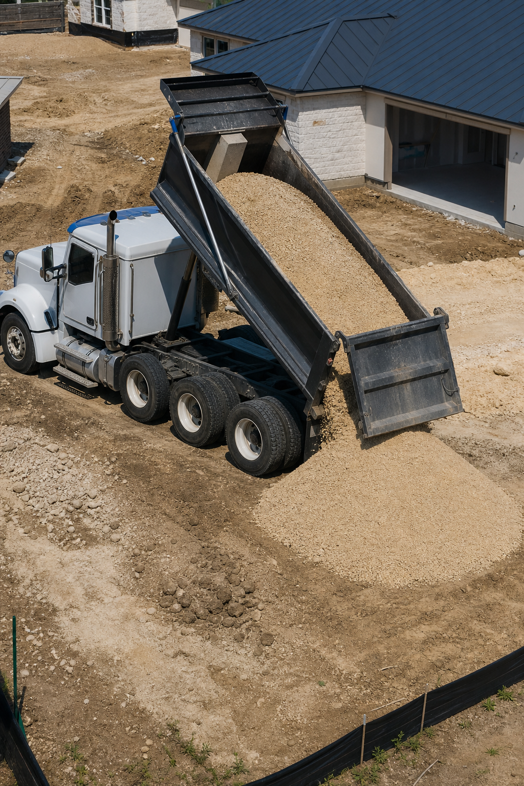 A photorealistic drone shot of a dump truck unloading a pile of sand at a residential construction site in San Antonio, Texas. The truck is labeled with O'Leary Development Group branding, and the site shows a house under construction with a dirt yard. Alt: O'Leary Development Group dump truck delivering sand in San Antonio.