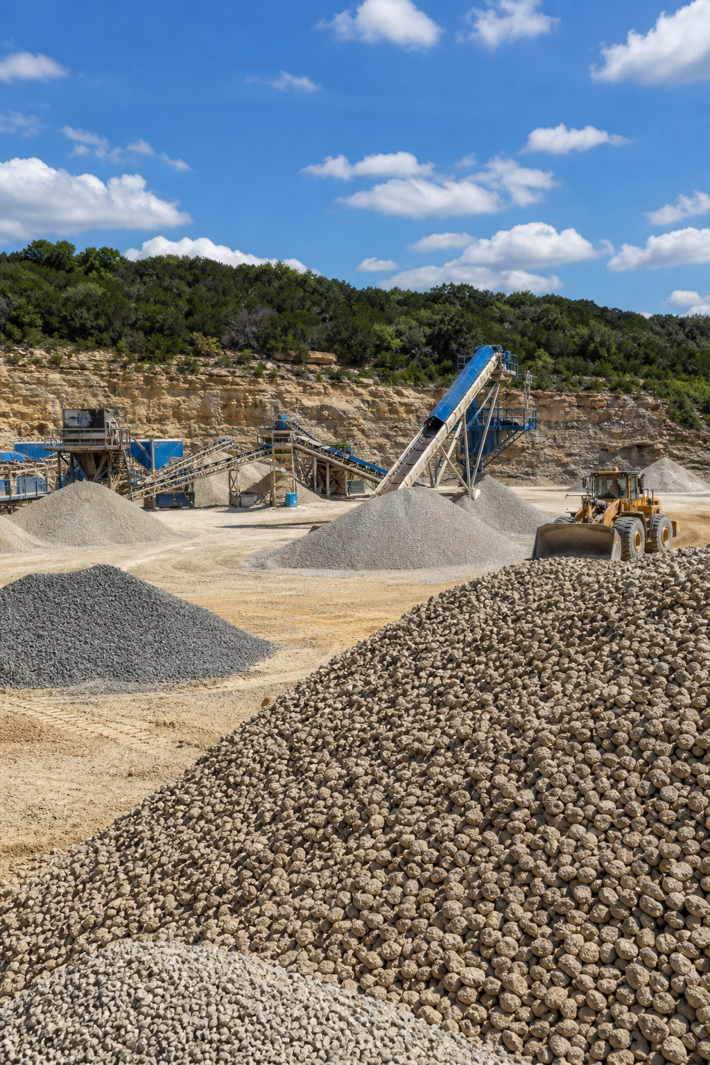 A photorealistic wide-angle shot of a working sand and gravel quarry in the Texas Hill Country, with piles of different colored aggregates and heavy machinery in the background. Alt: Sand and gravel quarry in Texas with aggregate piles.