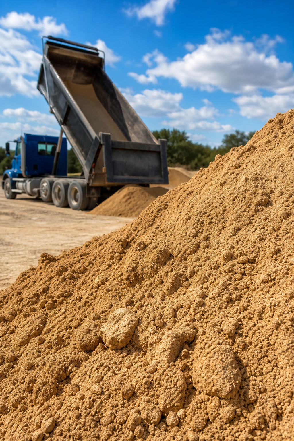 A photorealistic close-up of coarse construction sand piled on a construction site in San Antonio, with a dump truck in the background. Natural Texas sunlight, high detail, no logos or text. Alt: Coarse construction sand pile for construction in San Antonio.
