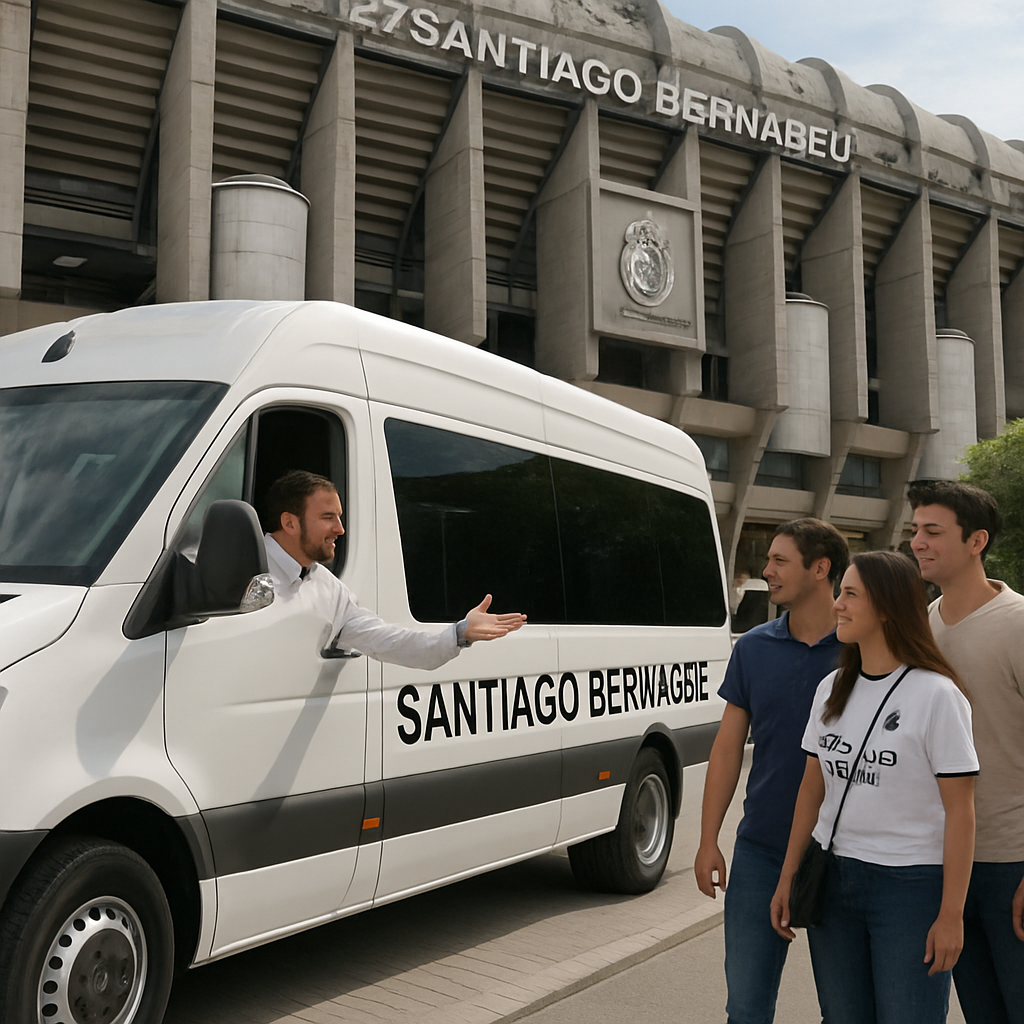 A minibus parked near the Santiago Bernabéu Stadium entrance, with a driver greeting a group of smiling fans. Alt: santiago bernabeu transfer minibus madrid arriving at the stadium on match day.