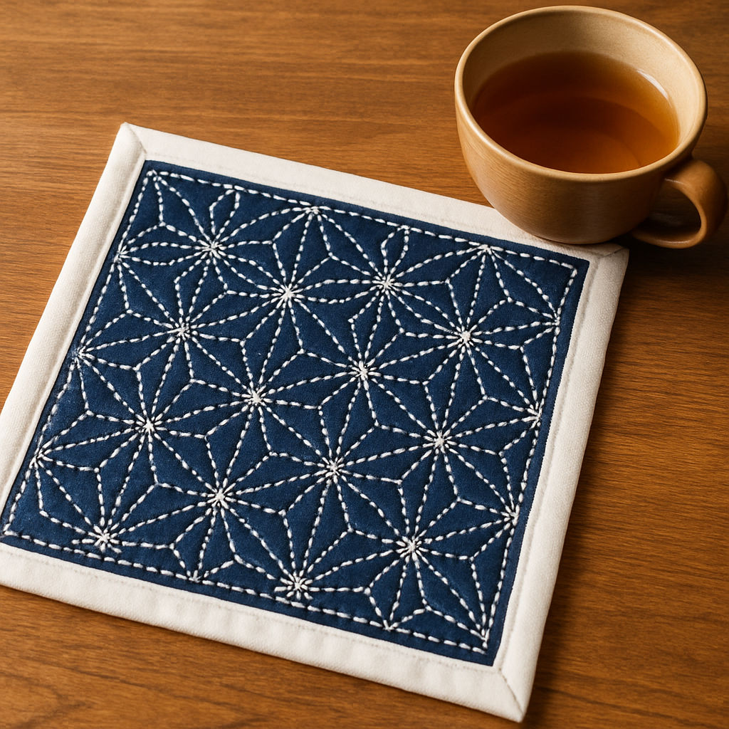 A close‑up of a finished sashiko square with a neat cotton bias tape border, lying on a wooden table with a cup of tea beside it. Alt: Finished sashiko piece with binding and care instructions.