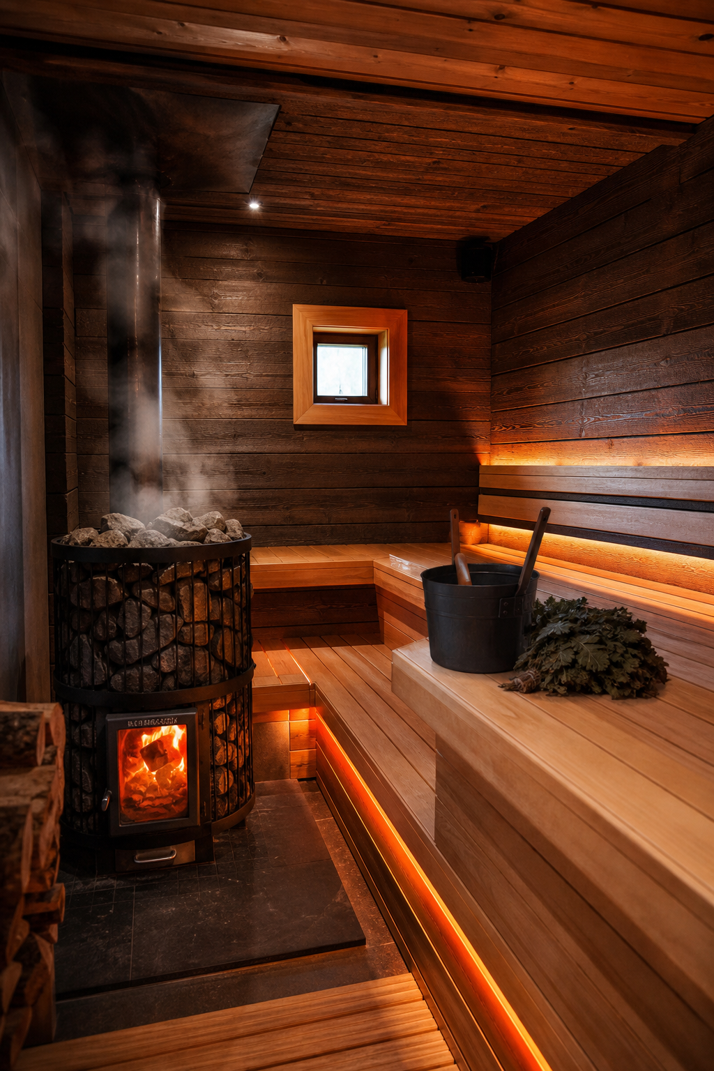 A photorealistic interior of a traditional wooden Finnish sauna with a heated stone stove, ambient lighting, and wooden benches, steam rising from the stones. Alt: Traditional Finnish sauna interior with hot stones and wooden benches for stress relief.