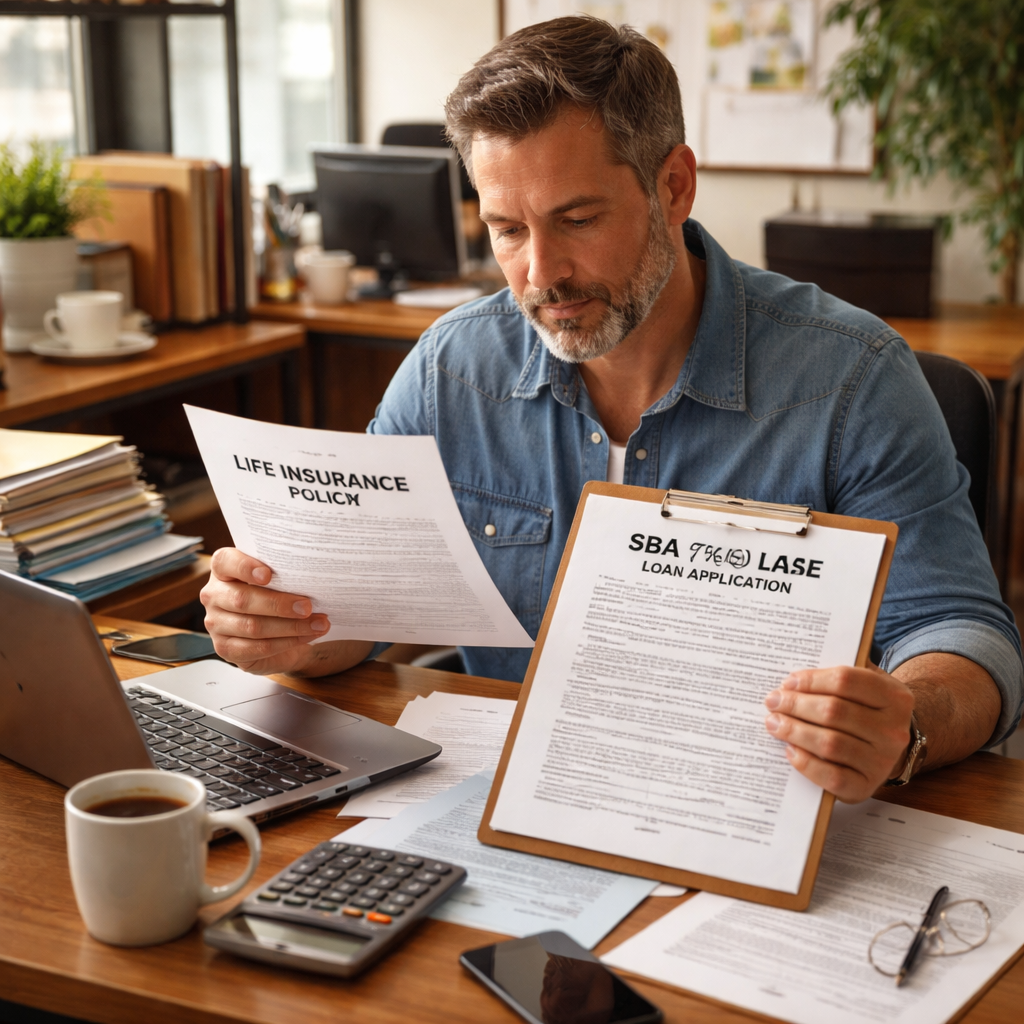 A photorealistic scene of a small business owner at a desk reviewing a life insurance policy and SBA 7a loan paperwork, realistic lighting and office background. Alt: SBA 7a loan life insurance collateral assignment requirements