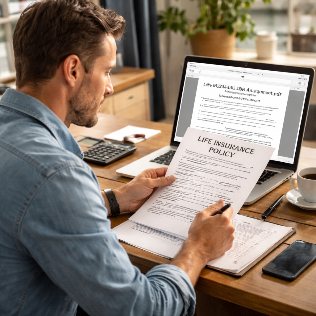 A photorealistic scene of a small‑business owner at a desk, reviewing a printed life‑insurance policy and a laptop screen showing an uploaded PDF file titled 