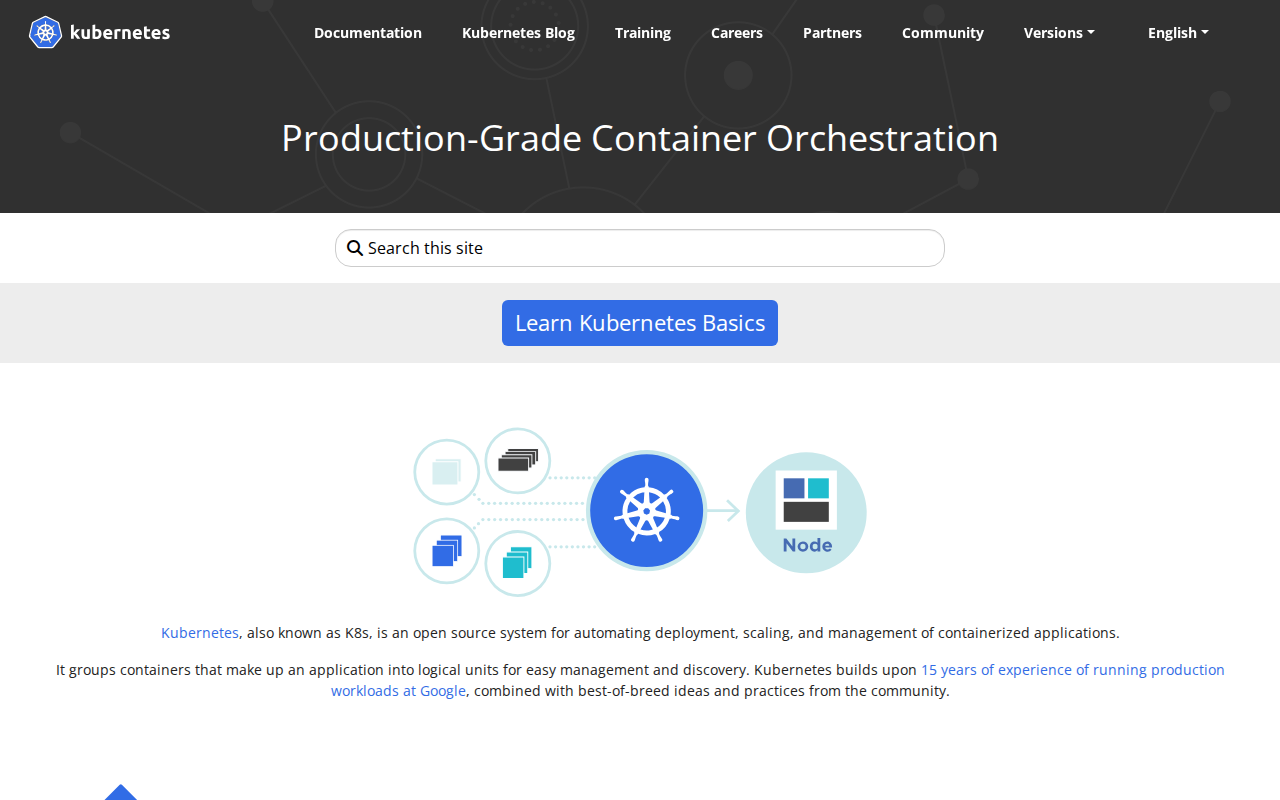 Kubernetes homepage screenshot