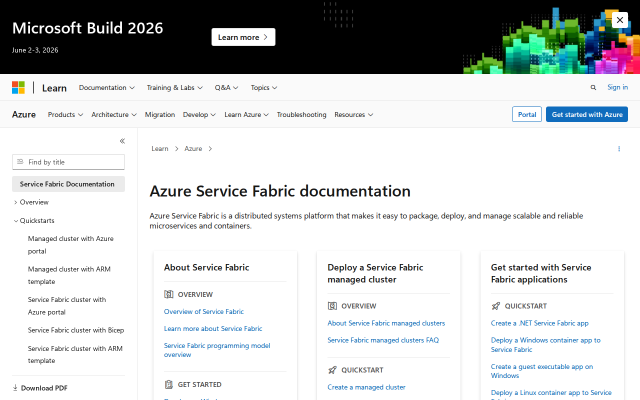 Azure Service Fabric documentation screenshot