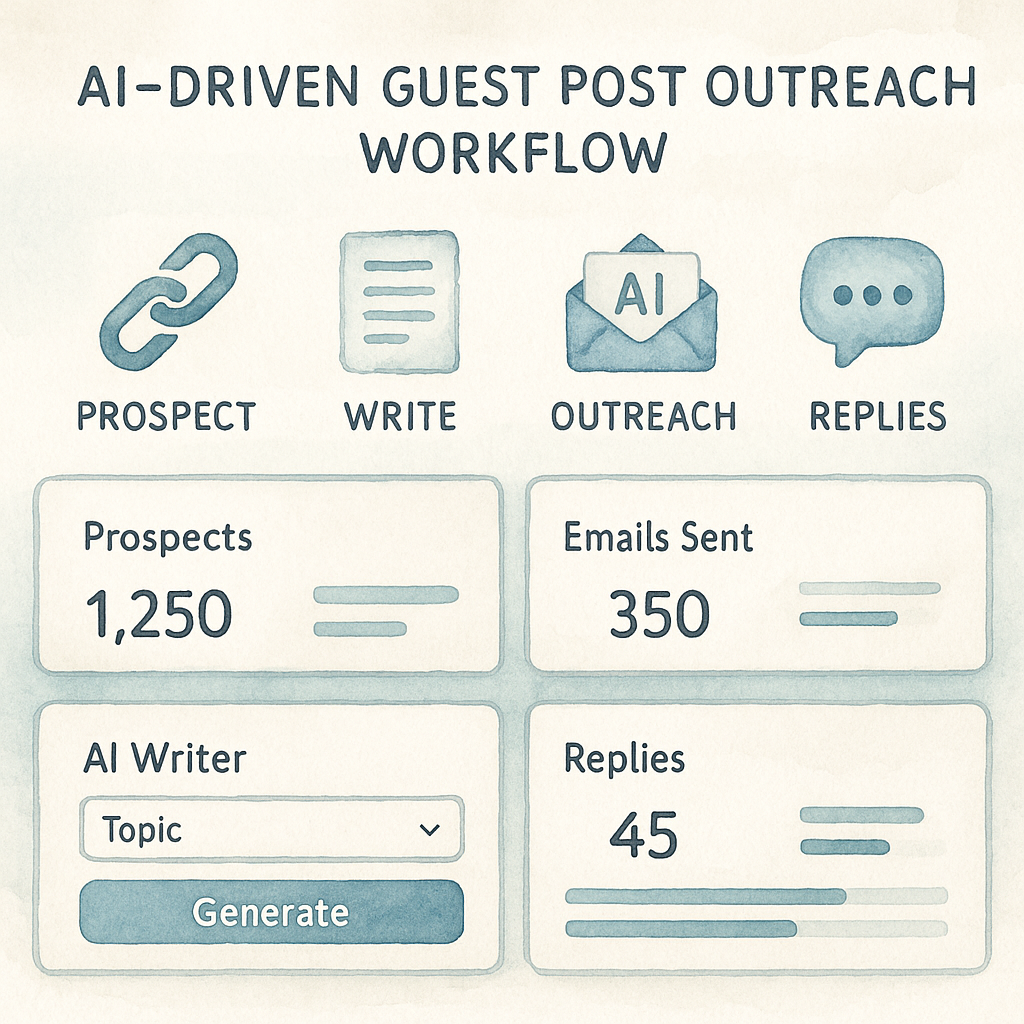 A sleek dashboard showing AI‑driven guest post outreach workflow. Alt: automated guest post outreach with AI tools dashboard