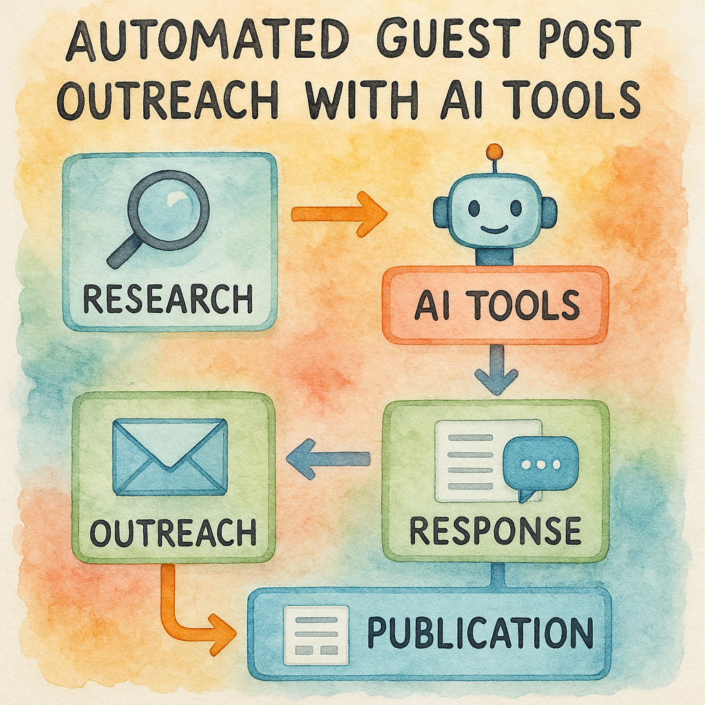 A stylized flowchart of AI‑enabled guest post outreach steps, from research to publication. Alt: automated guest post outreach with AI tools flowchart