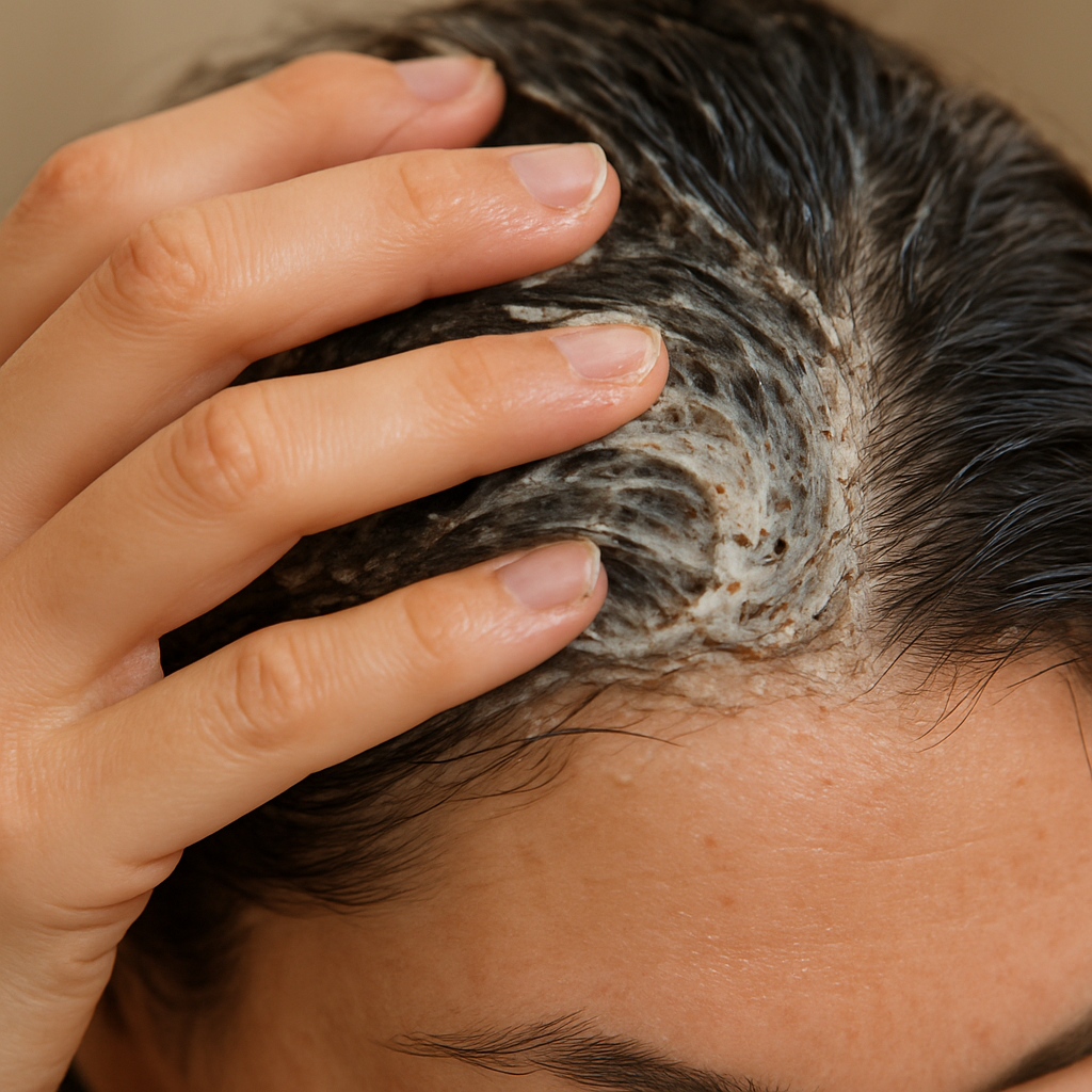 Close‑up of a hand gently massaging a scalp exfoliant onto damp hair, showing a soothing swirl motion. Alt: scalp exfoliation for hair growth illustration