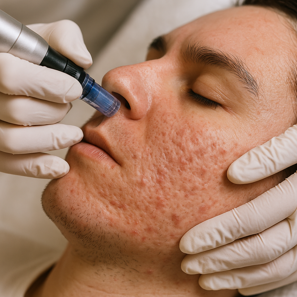 Close-up of a skin specialist using a microneedling device on a patient's facial acne scars. Alt: Scar removal Barrie microneedling treatment in progress.
