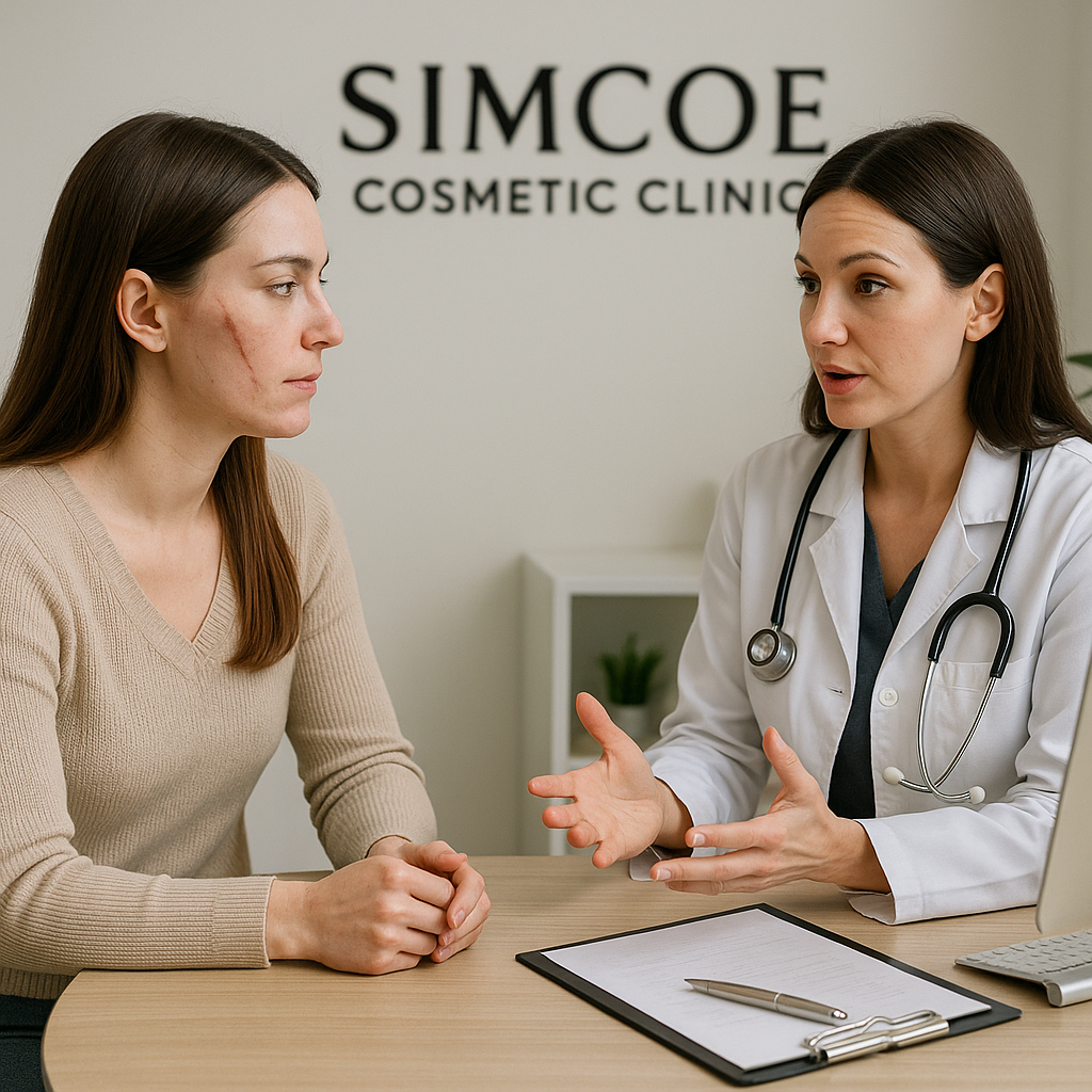 A patient consulting with a skin expert at Simcoe Cosmetic Clinic about scar removal options. Alt: Professional scar removal Barrie consultation at Simcoe Cosmetic Clinic.