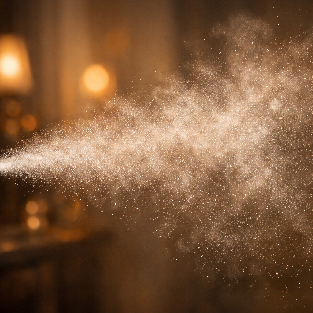 A realistic close‑up of a fine mist of fragrance droplets swirling in warm indoor air, with soft lighting highlighting the invisible scent particles. Alt: fine mist diffusion illustration