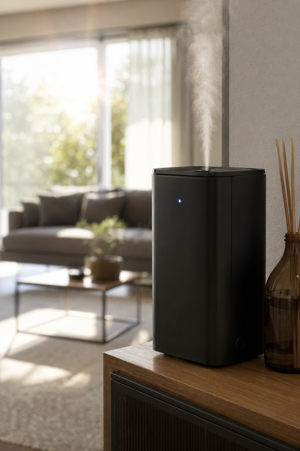 A photorealistic close-up of a modern scent machine emitting a fine, invisible mist in a bright living room with sunlight streaming through windows. Alt: Modern waterless scent machine in a home living room