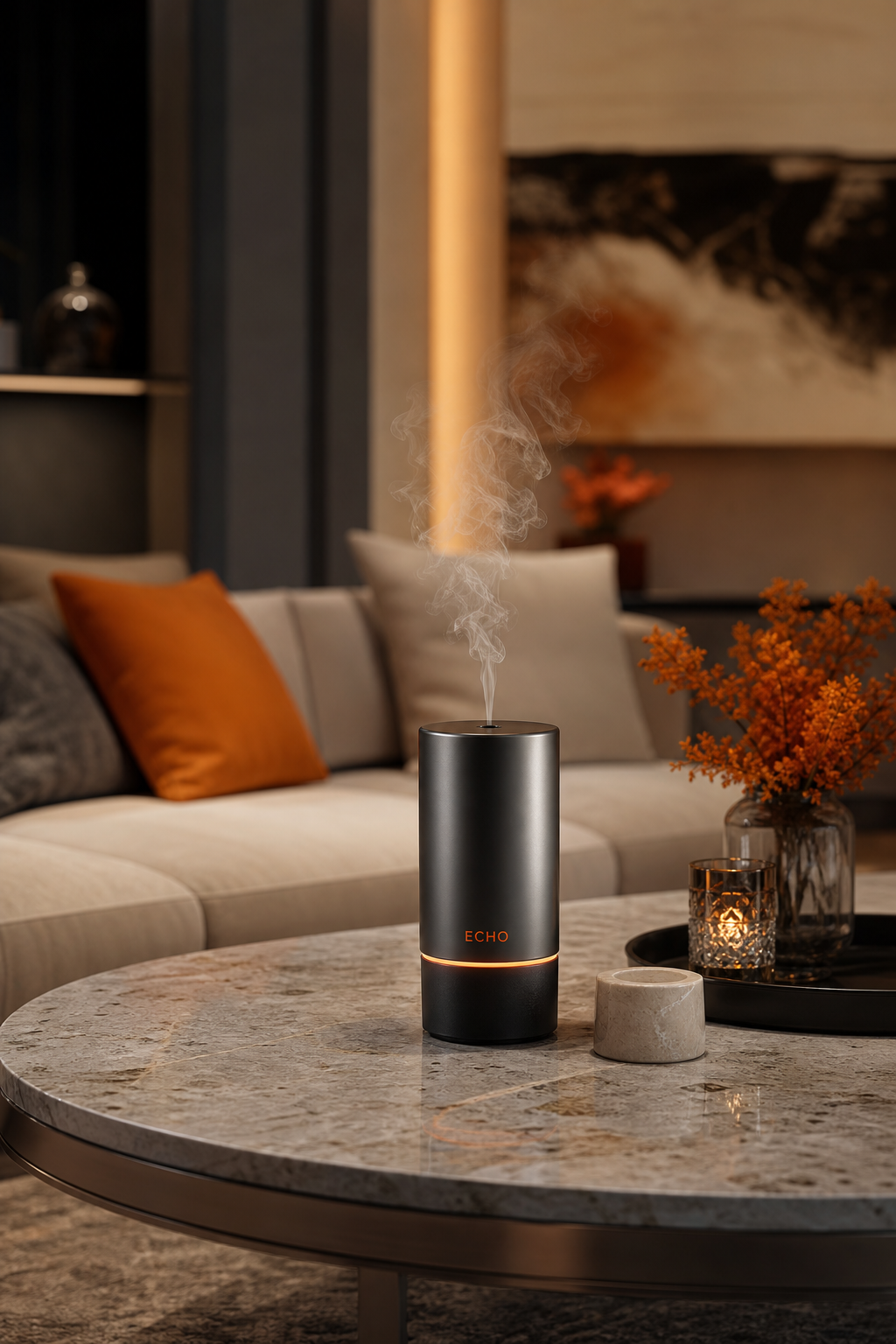 A luxury living room with soft lighting, a stylish cold-air diffuser sitting on a marble coffee table, the room looks serene with a subtle scent ambiance. Alt: ECHO cold-air diffuser in a modern living room setting.