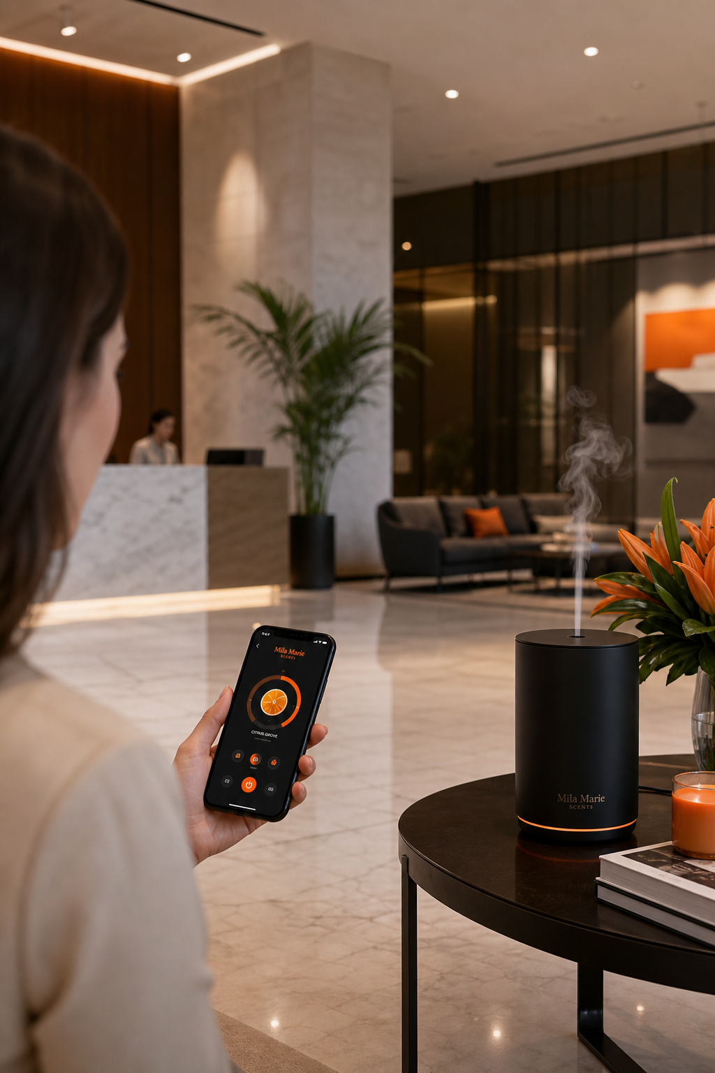 A modern office lobby with a sleek diffuser on a side table, a person holding a smartphone with an app controlling the scent. Alt: Mila Marie Scents cold‑air diffuser being used in a business lobby.