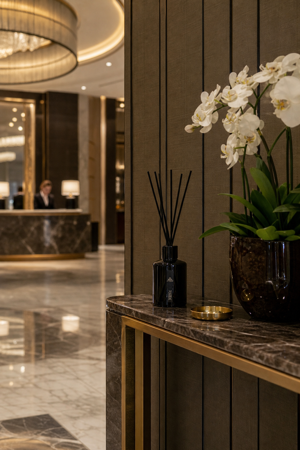 A photorealistic lobby scene showing a diffuser subtly integrated into elegant decor. Alt: hotel lobby diffuser in luxury lobby setting. Realism