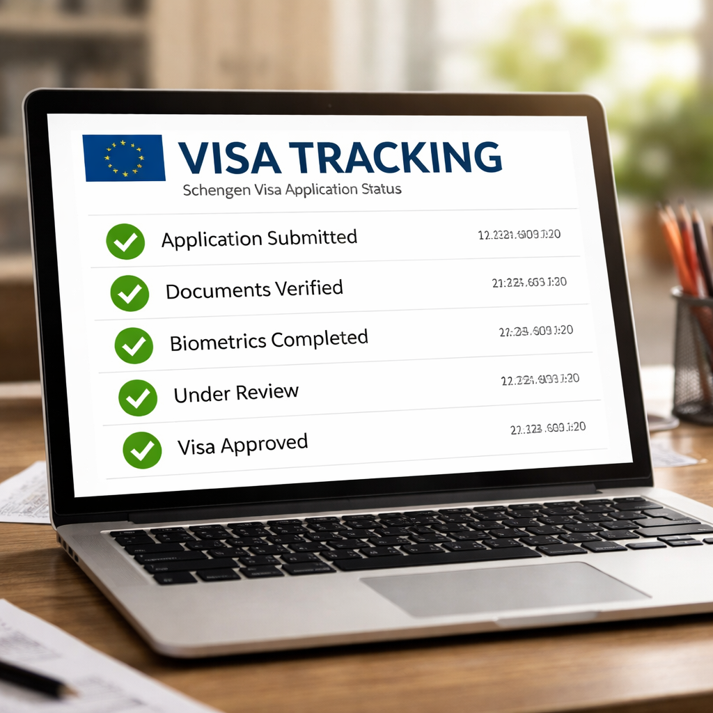 A photorealistic illustration of a laptop screen showing a visa tracking dashboard with green checkmarks for each processing step. Alt: schengen visa application tracking status