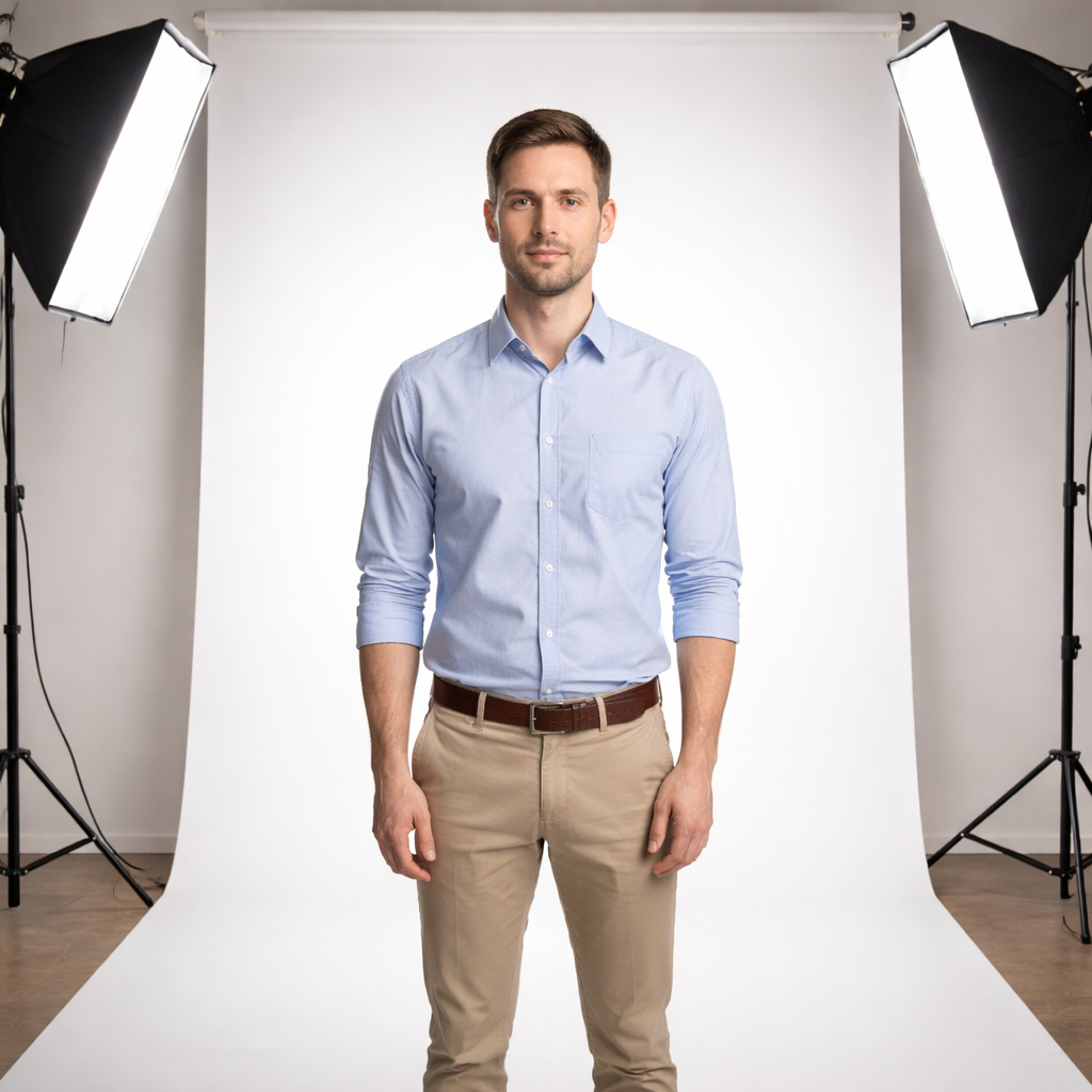 A photorealistic studio setup with a white backdrop, soft diffused lighting, and a person standing straight for a visa photo. Alt: schengen visa photo background lighting example
