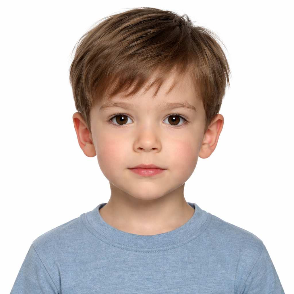 A photorealistic portrait of a young child standing against a white backdrop, with a neutral expression and no glasses. Alt: schengen visa photo child age requirement example