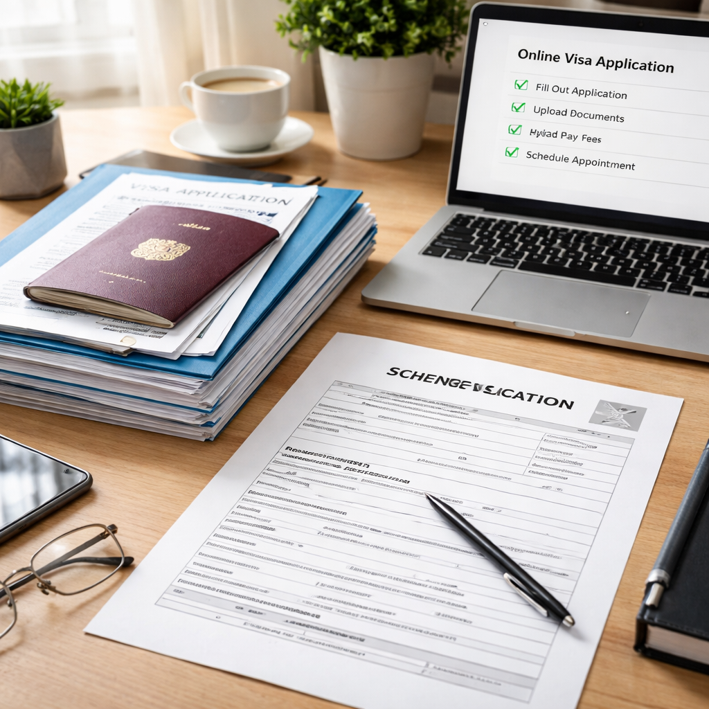 A photorealistic scene of a tidy desk with neatly stacked visa documents, a passport, a printed application form, and a laptop displaying an online checklist. Alt: organized schengen visa application documents